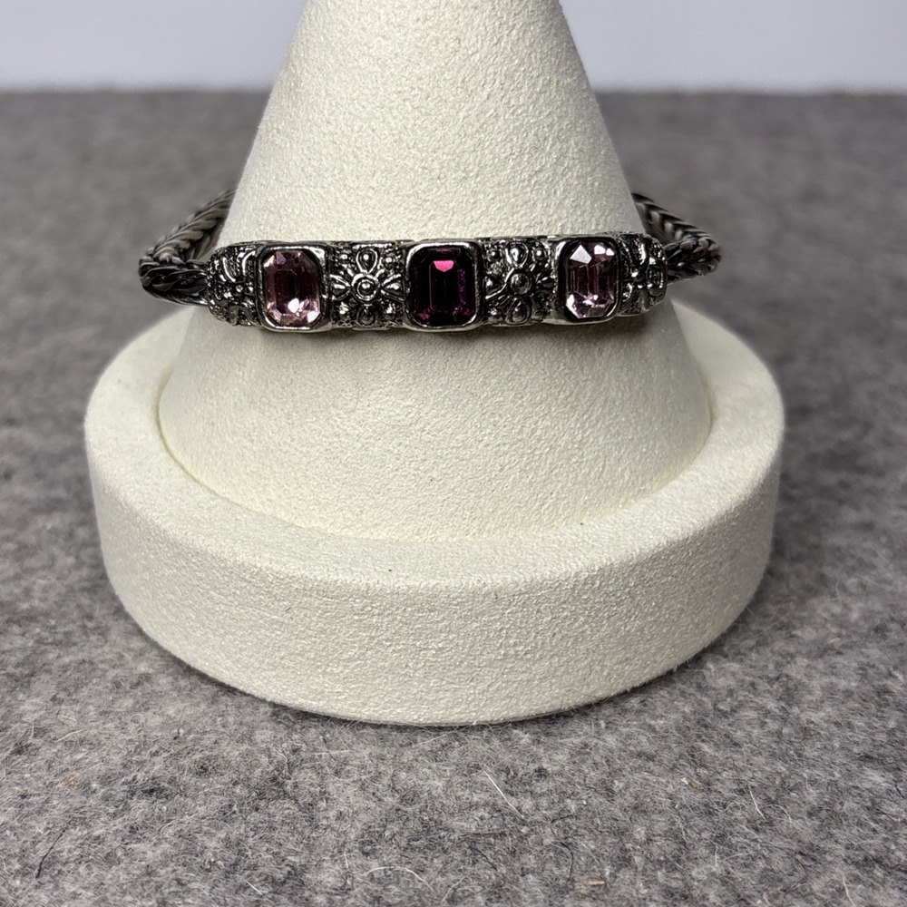 Purple Glass Stone Bracelet Silver Tone Bali Style Magnetic Clasp 7.5"